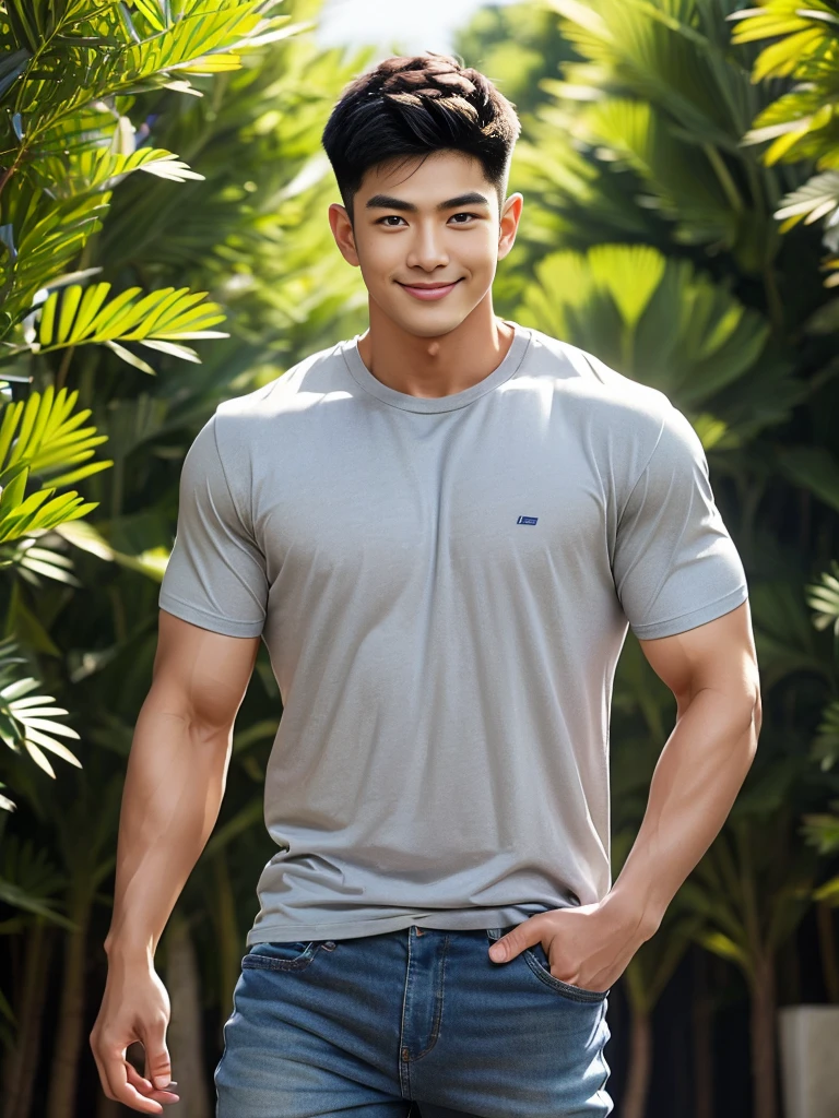 man , gray t-shirt jeans, black short hair , outdoor , cute smile , หน้าhandsomeแบบเกาหลีสมจริง , modest muscles , Masterpiece、High resolution、Surreal、detailed face、alone、man、Glowing skin、(Asia)、handsome、Detailed background