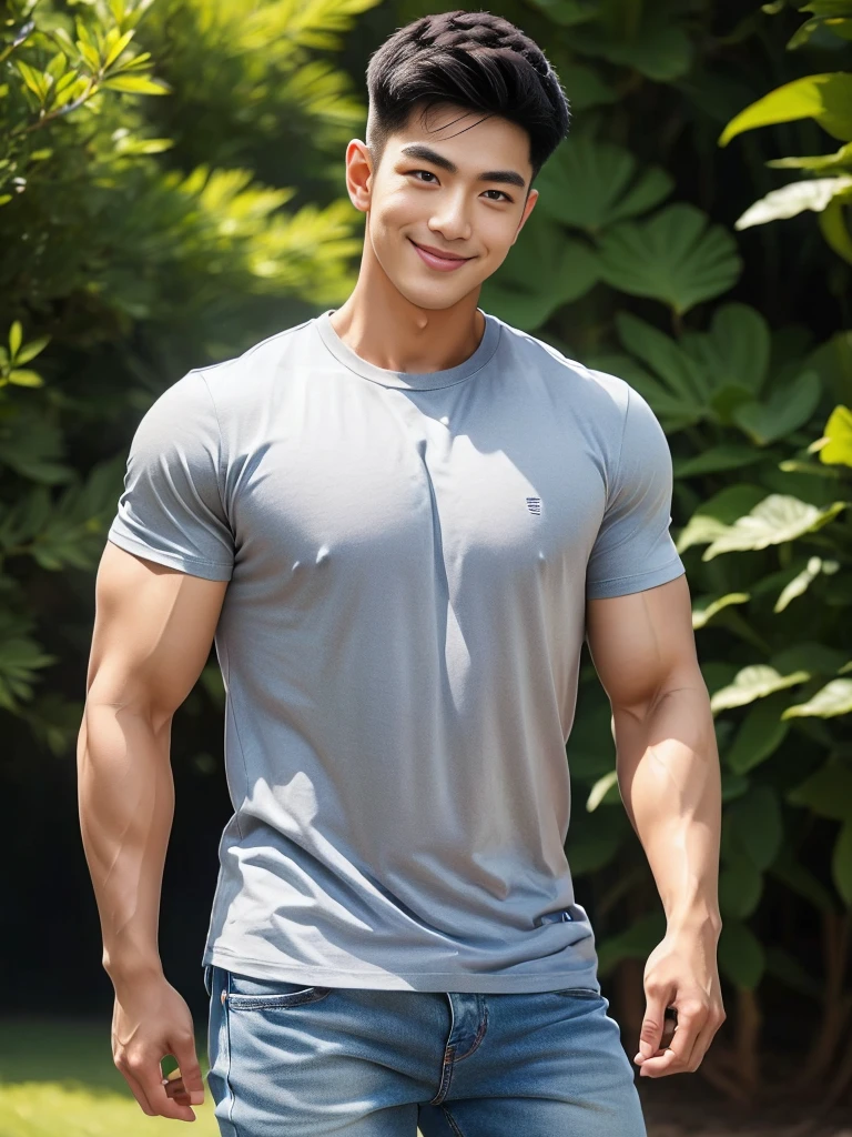 man , gray t-shirt jeans, black short hair , outdoor , cute smile , หน้าhandsomeแบบเกาหลีสมจริง , modest muscles , Masterpiece、High resolution、Surreal、detailed face、alone、man、Glowing skin、(Asia)、handsome、Detailed background