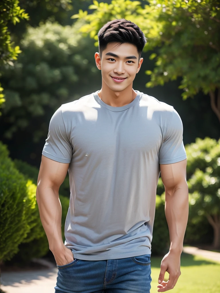 man , gray t-shirt jeans, black short hair , outdoor , cute smile , หน้าhandsomeแบบเกาหลีสมจริง , modest muscles , Masterpiece、High resolution、Surreal、detailed face、alone、man、Glowing skin、(Asia)、handsome、Detailed background