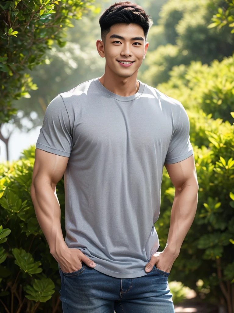 man , gray t-shirt jeans, black short hair , outdoor , cute smile , หน้าhandsomeแบบเกาหลีสมจริง , modest muscles , Masterpiece、High resolution、Surreal、detailed face、alone、man、Glowing skin、(Asia)、handsome、Detailed background