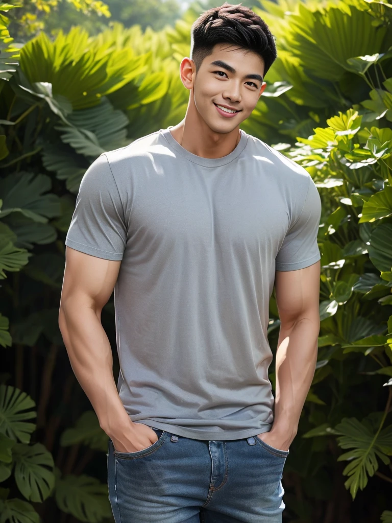 man , gray t-shirt jeans, black short hair , outdoor , cute smile , หน้าhandsomeแบบเกาหลีสมจริง , modest muscles , Masterpiece、High resolution、Surreal、detailed face、alone、man、Glowing skin、(Asia)、handsome、Detailed background