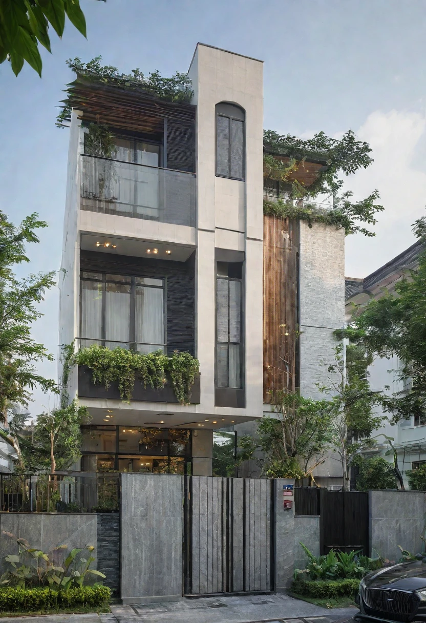 (Townhouse in city ,close houses and trees), daylight ( best quality) ((high solution)) ,(( photo realistic)) ,warm light, (sharp focont view of townhouse in style of modern,small house, Narrow area,VietNam,facade, curved arch,beautiful facade,curved windown,narrow and long ,two-storey,mutual colours, soft lighting, warm atmosphere,high Resolution, hyper detailed,4k ,vray render, octane render, hyper realistic, photography expert ,exterior design , professional photography, exterior photography,wide-angle shot , ultra detail , high Resolution , full frame, full body