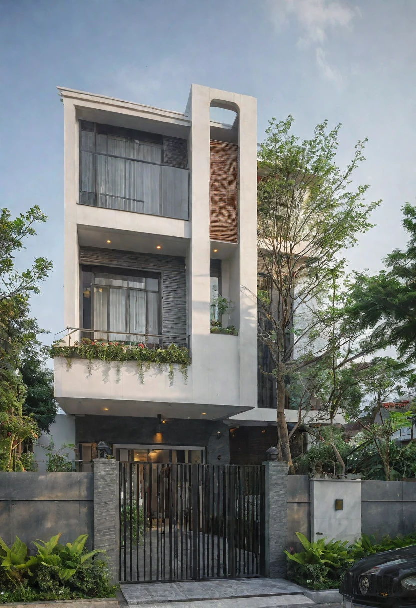 (Townhouse in city ,close houses and trees), daylight ( best quality) ((high solution)) ,(( photo realistic)) ,warm light, (sharp focont view of townhouse in style of modern,small house, Narrow area,VietNam,facade, curved arch,beautiful facade,curved windown,narrow and long ,two-storey,mutual colours, soft lighting, warm atmosphere,high Resolution, hyper detailed,4k ,vray render, octane render, hyper realistic, photography expert ,exterior design , professional photography, exterior photography,wide-angle shot , ultra detail , high Resolution , full frame, full body