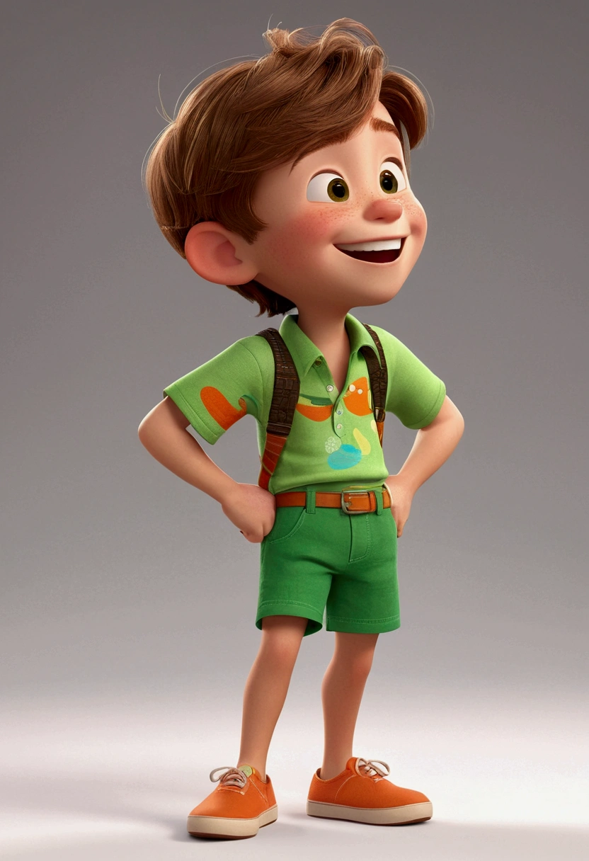 k asymmetrical boy, Disney Pixar style, 3d, cartoon, cute, bright colors, short light brown hair, fair skin, orange short-sleeved shirt, green shorts, intricate details, from the back, looking to the side and down , just laughing
