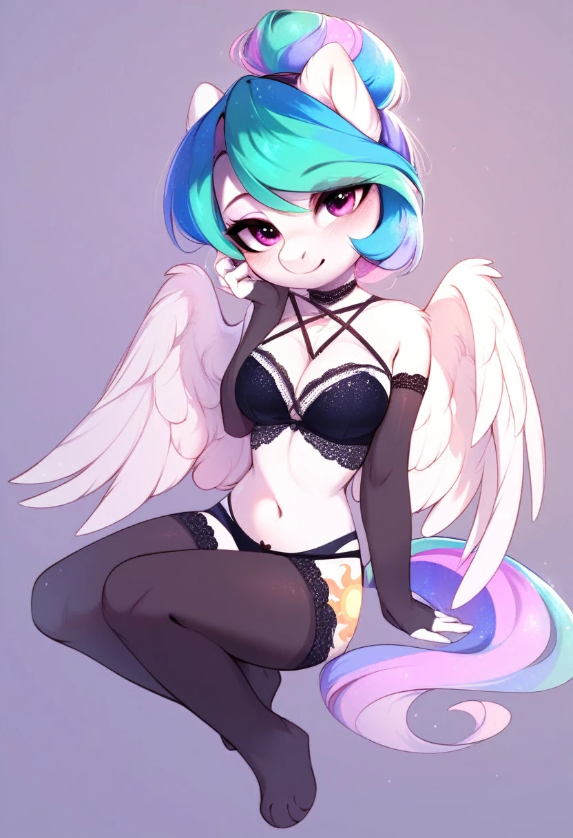 check_9, check_8_up, check_7_up, source_fluffy, rating_safe, from Magnaluna, Celestia poses seductively in a white bedroom, hair bun with bangs, pink eyes, white body, anthro, blushing, wearing goldern lingerie, full body