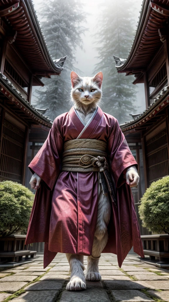 (((8k))), (((High resolution))),((Highest quality)),A white cat wearing a kimono,muscle,Bipedal,upright,Short,3 heads,Serious face,samurai,Holding a long sword with both hands,Shrine garden,SakuraFubuki,Ultra-realistic,8k,Ultra-fine,Super detailed,battle,Yellow aura,Mysterious atmosphere,The fog rolls in