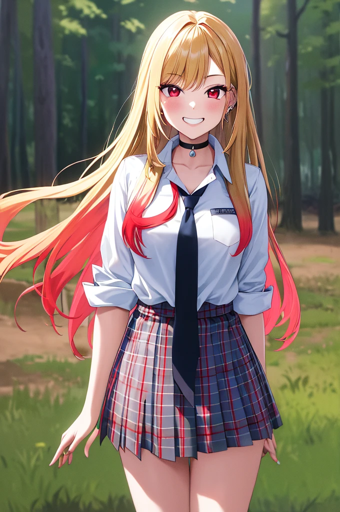 masterpiece, best quality, highres, kitagawa marin, 1girl, blonde hair, long hair, multicolored hair, red eyes, jewelry, earrings, piercing, , white shirt, tied shirt, black choker, blue necktie, plaid skirt, grin, smile, standing, cowboy shot, outdoors,bra visible through clothes
