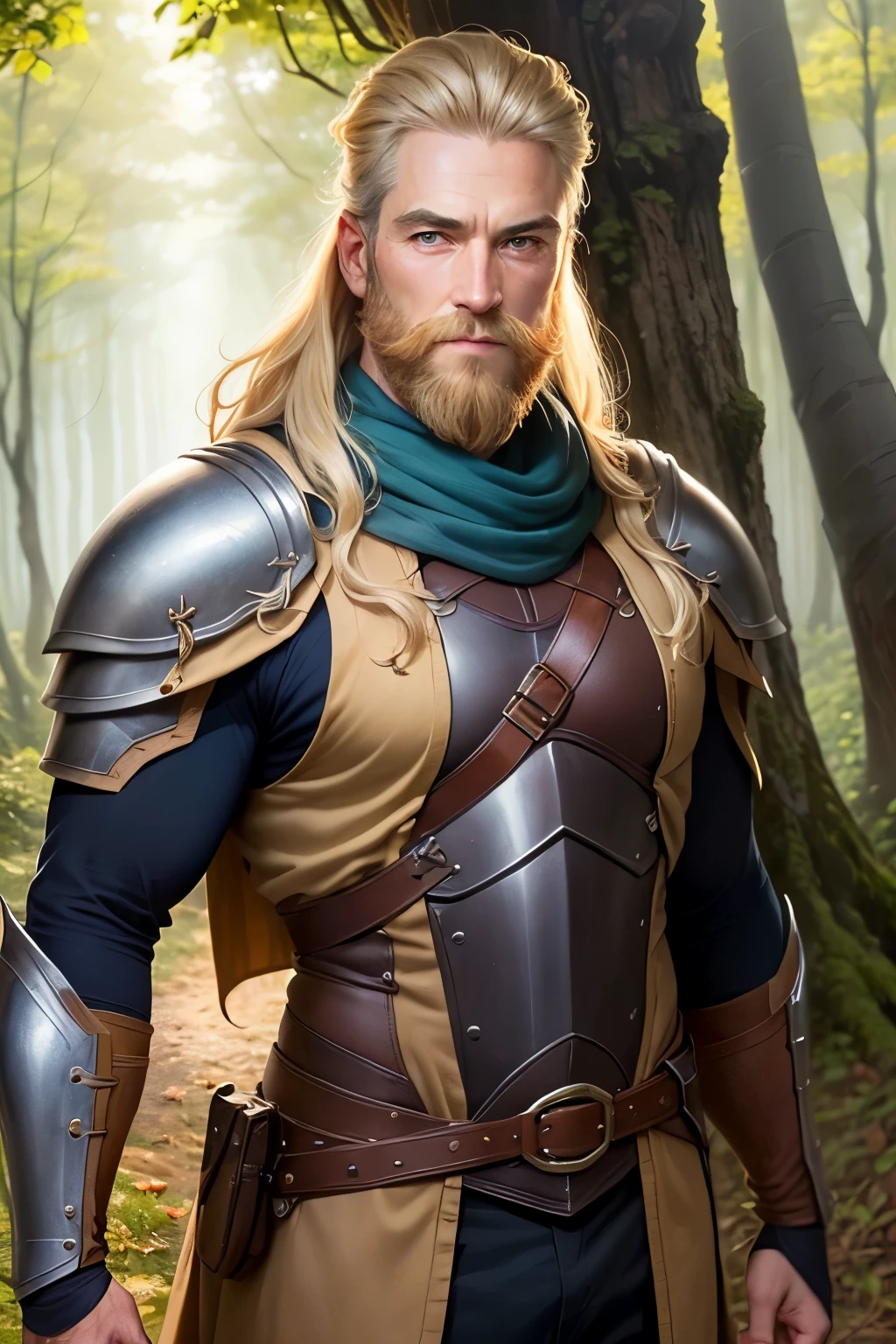 ((best qualityer)), ((work of art)), (detailded), A male Ranger. Born from the forest. Leather armor that blends in with the underbody and cape to become invisible. 55 year old man . Long Light Blonde Hair with Chunky Design. Os olhos super detaildeds .His gaze would be intense and serious. highly detailed image .shy smile .wide chin.long blonde beard.ready for action at any time.50 years old man.background an enchanted forest.