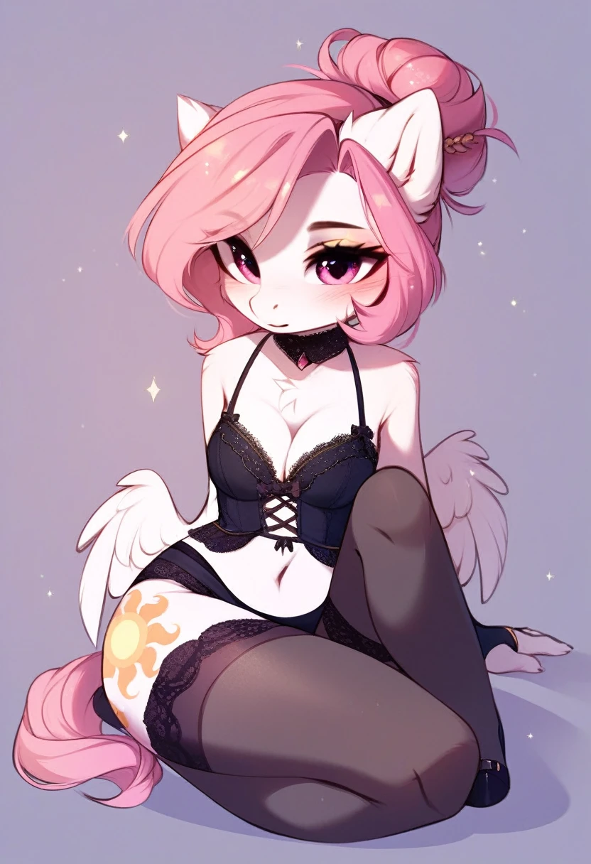check_9, check_8_up, check_7_up, source_fluffy, rating_safe, from Magnaluna, Celestia poses seductively in a white bedroom, hair bun with bangs, pink eyes, white body, anthro, blushing, wearing goldern lingerie, full body