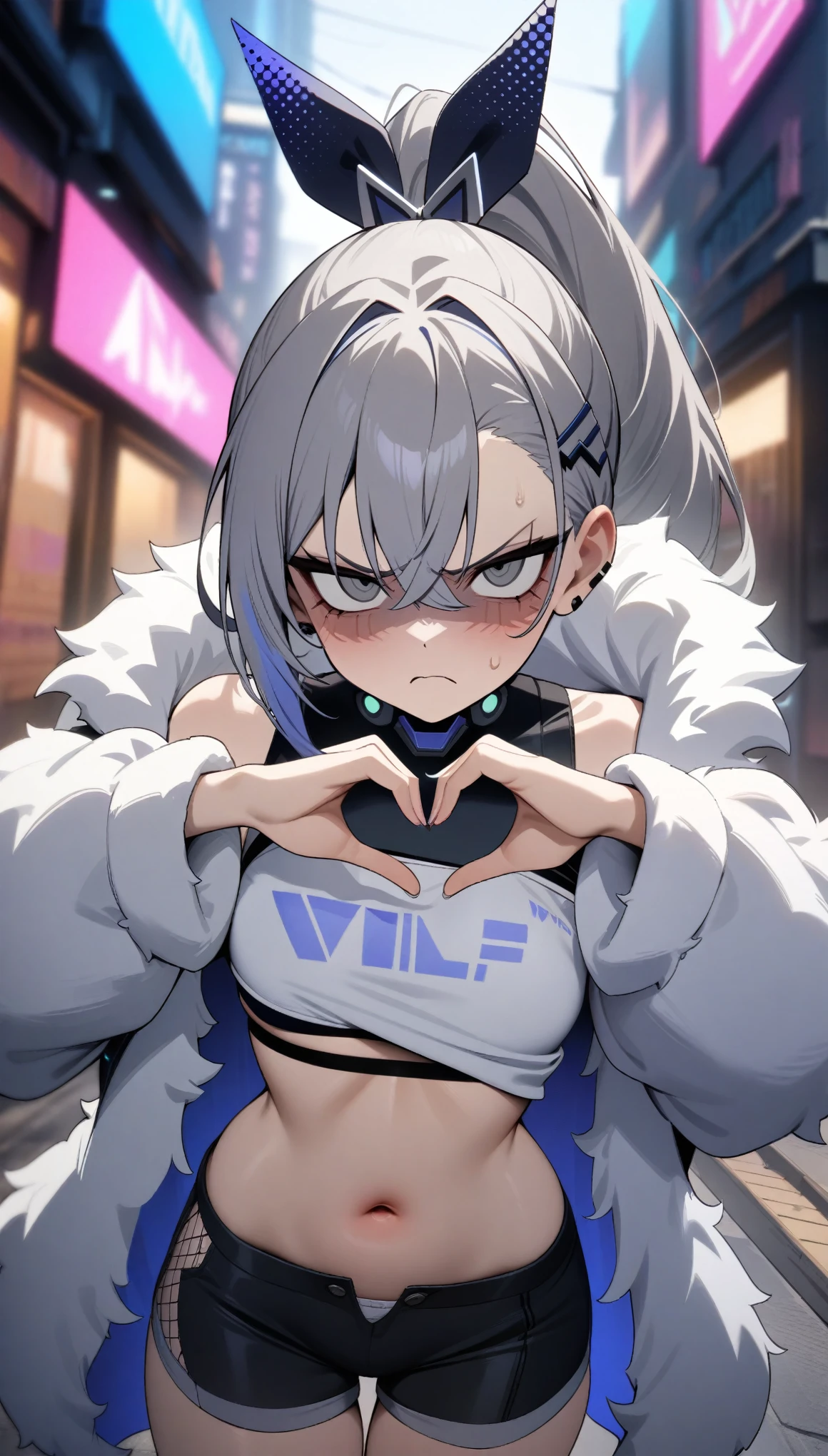 masterpiece, best quality, very aesthetic, absurdres, newest,1girl,upper body, (contempt, disgust,shaded face,looking at viewer,frown),heart-shaped gesture,,silver wolf, gray eyes, high ponytail, cyberpunk, white top, open belly, shorts, fur coat,in street