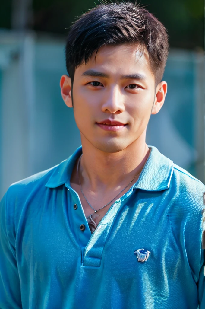 ((Highest quality, 8k, Masterpiece: 1.3))、Thailand Laos Burma Asia, Thai man, A handsome Asian rugby player with short hair, a muscular beard, and big muscles., 1A man who has、20 yo、Good appearance、Beautiful nose、smile、 Detailed eyes and face、beautiful light、(studio)、high resolution、(Look at the viewer.)、Fine mouth、smile、whole body: 1.5, perfect shape: 1.3, looking at camera ,Blue Polo Shirt, ((field)), sunlight looking at the field