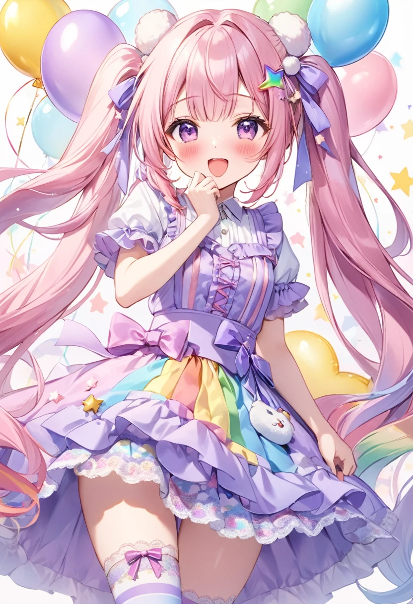 (whole body, legs and shoes visible: 1.2)) Expressive eyes, One girl, Pale skin, Long Hair, Windblown Hair, ((absurdly Long Hair)), Long Side Lock, Princess bangs, Hair bangs, Hair Bun, ((Very long twin tails)), Rainbow Hair, Light pink hair, blush, full face blush, big sparkling Pastel Purple eyes, (Gradient Eye), Laughing with your mouth open, cute pose, ((Holding a balloon : 1.3)) ((cute and pastel fashion)) ((🦄🎠🎈🎉 theme : 1.4)) A loose pastel dress, ((Dreamy multi-colored open dress)), (Floating ribbon), Lavender Frill, Pink frills, (Light blue lace), Removable short sleeves, Fluffy skirt, ((Rainbow and star printed skirt : 1.3)), Lolita Skirt, Purple ribbon, ((pom pom ribbon hair ornament : 1.4)), Multiple Bows, Striped lace stockings, (heart型のレッグガーター), cute (Pastel Purple) shoes ((Ultra-detailed clothing and fashion)) I&#39;m watching you, Vintage Girl, blush, (Beautiful attention to detail), (Highly detailed CG Unity 8k wallpaper) (Best Shadow), ((Very delicate and beautiful)), (Detailed light), ((Depth of written boundary)) Big Head, Big, bright eyes, Moe, Splash Art, Cinema Lighting, Front view, volumetric lighting maximalist photo illustration k resolution high resolution intricate detailed complex key visuals precise linear ((Dreamy pastel sky background, Surrounded by sunset clouds, shooting star, Castle above the clouds)) ((Ultra-detailed landscapes, Foggy clouds, Hung by balloons, heart : 1.3))