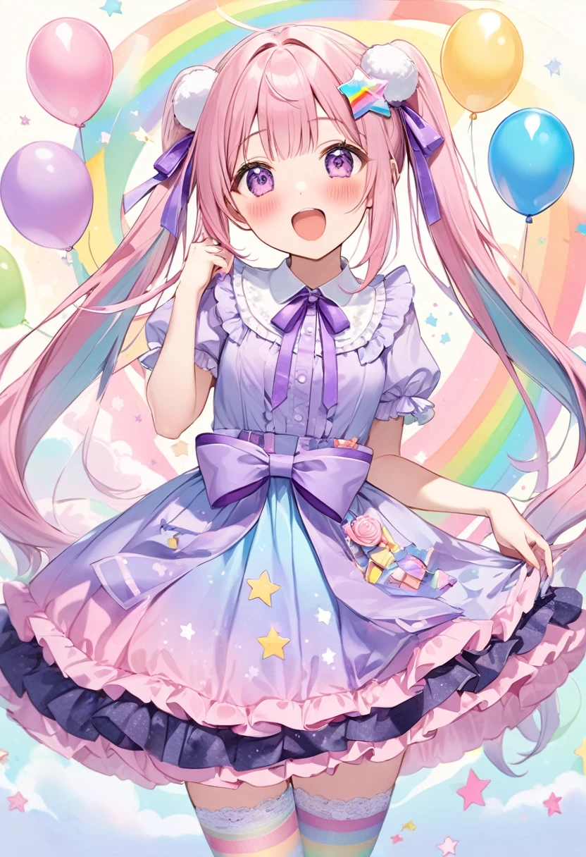 (whole body, legs and shoes visible: 1.2)) Expressive eyes, One girl, Pale skin, Long Hair, Windblown Hair, ((absurdly Long Hair)), Long Side Lock, Princess bangs, Hair bangs, Hair Bun, ((Very long twin tails)), Rainbow Hair, Light pink hair, blush, full face blush, big sparkling Pastel Purple eyes, (Gradient Eye), Laughing with your mouth open, cute pose, ((Holding a balloon : 1.3)) ((cute and pastel fashion)) ((🦄🎠🎈🎉 theme : 1.4)) A loose pastel dress, ((Dreamy multi-colored open dress)), (Floating ribbon), Lavender Frill, Pink frills, (Light blue lace), Removable short sleeves, Fluffy skirt, ((Rainbow and star printed skirt : 1.3)), Lolita Skirt, Purple ribbon, ((pom pom ribbon hair ornament : 1.4)), Multiple Bows, Striped lace stockings, (heart型のレッグガーター), cute (Pastel Purple) shoes ((Ultra-detailed clothing and fashion)) I&#39;m watching you, Vintage Girl, blush, (Beautiful attention to detail), (Highly detailed CG Unity 8k wallpaper) (Best Shadow), ((Very delicate and beautiful)), (Detailed light), ((Depth of written boundary)) Big Head, Big, bright eyes, Moe, Splash Art, Cinema Lighting, Front view, volumetric lighting maximalist photo illustration k resolution high resolution intricate detailed complex key visuals precise linear ((Dreamy pastel sky background, Surrounded by sunset clouds, shooting star, Castle above the clouds)) ((Ultra-detailed landscapes, Foggy clouds, Hung by balloons, heart : 1.3))