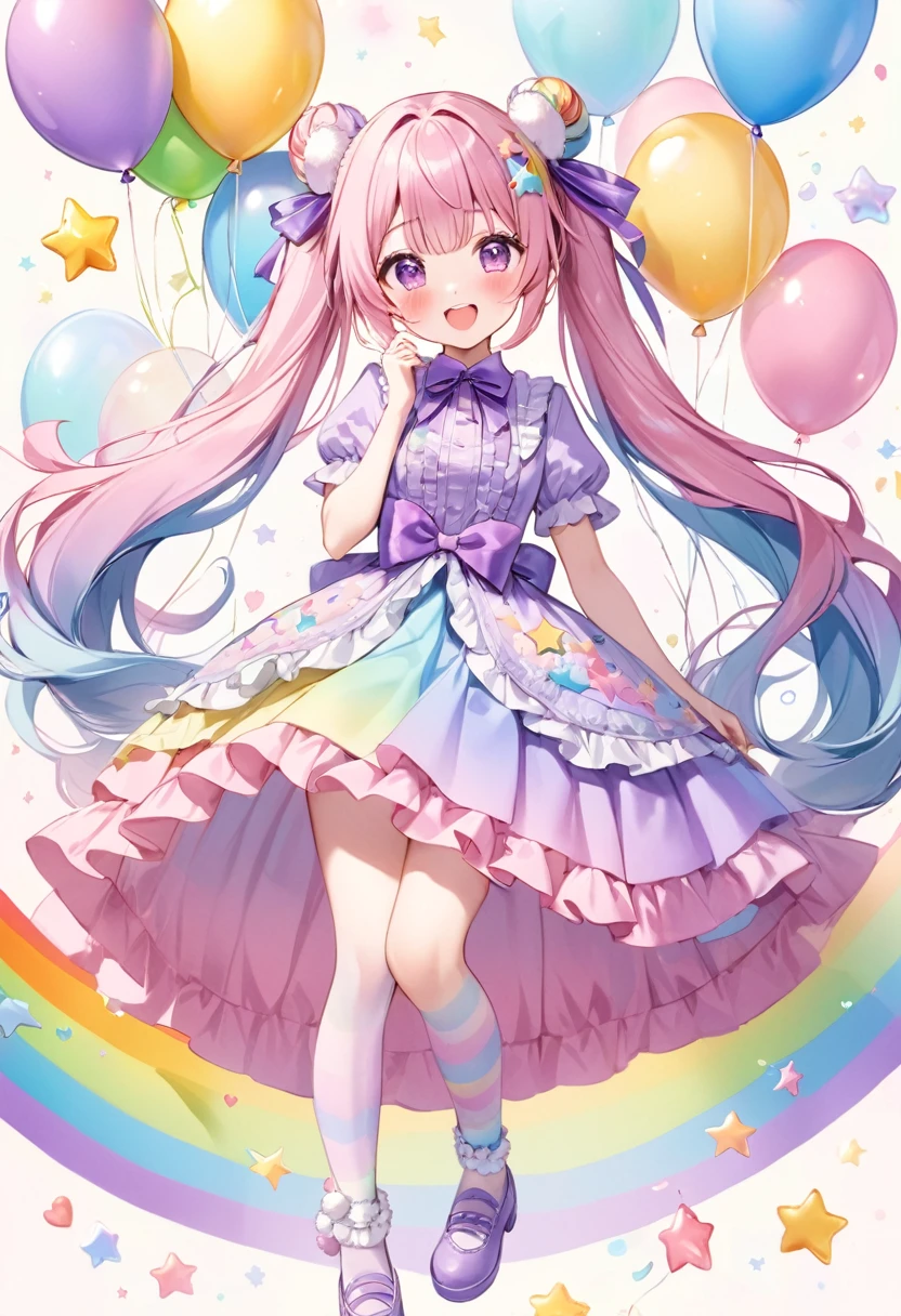 (whole body, legs and shoes visible: 1.2)) Expressive eyes, One girl, Pale skin, Long Hair, Windblown Hair, ((absurdly Long Hair)), Long Side Lock, Princess bangs, Hair bangs, Hair Bun, ((Very long twin tails)), Rainbow Hair, Light pink hair, blush, full face blush, big sparkling Pastel Purple eyes, (Gradient Eye), Laughing with your mouth open, cute pose, ((Holding a balloon : 1.3)) ((cute and pastel fashion)) ((🦄🎠🎈🎉 theme : 1.4)) A loose pastel dress, ((Dreamy multi-colored open dress)), (Floating ribbon), Lavender Frill, Pink frills, (Light blue lace), Removable short sleeves, Fluffy skirt, ((Rainbow and star printed skirt : 1.3)), Lolita Skirt, Purple ribbon, ((pom pom ribbon hair ornament : 1.4)), Multiple Bows, Striped lace stockings, (heart型のレッグガーター), cute (Pastel Purple) shoes ((Ultra-detailed clothing and fashion)) I&#39;m watching you, Vintage Girl, blush, (Beautiful attention to detail), (Highly detailed CG Unity 8k wallpaper) (Best Shadow), ((Very delicate and beautiful)), (Detailed light), ((Depth of written boundary)) Big Head, Big, bright eyes, Moe, Splash Art, Cinema Lighting, Front view, volumetric lighting maximalist photo illustration k resolution high resolution intricate detailed complex key visuals precise linear ((Dreamy pastel sky background, Surrounded by sunset clouds, shooting star, Castle above the clouds)) ((Ultra-detailed landscapes, Foggy clouds, Hung by balloons, heart : 1.3))