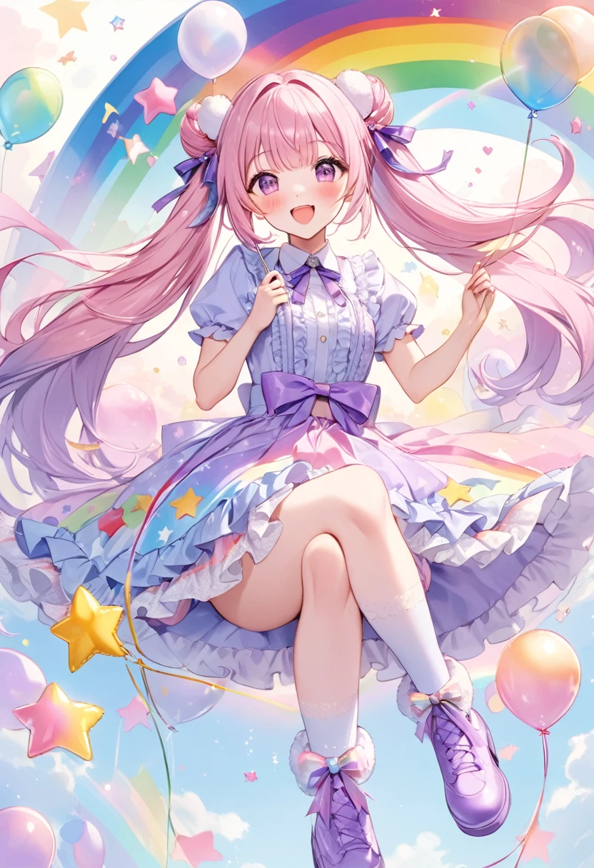 (whole body, legs and shoes visible: 1.2)) Expressive eyes, One girl, Pale skin, Long Hair, Windblown Hair, ((absurdly Long Hair)), Long Side Lock, Princess bangs, Hair bangs, Hair Bun, ((Very long twin tails)), Rainbow Hair, Light pink hair, blush, full face blush, big sparkling Pastel Purple eyes, (Gradient Eye), Laughing with your mouth open, cute pose, ((Holding a balloon : 1.3)) ((cute and pastel fashion)) ((🦄🎠🎈🎉 theme : 1.4)) A loose pastel dress, ((Dreamy multi-colored open dress)), (Floating ribbon), Lavender Frill, Pink frills, (Light blue lace), Removable short sleeves, Fluffy skirt, ((Rainbow and star printed skirt : 1.3)), Lolita Skirt, Purple ribbon, ((pom pom ribbon hair ornament : 1.4)), Multiple Bows, Striped lace stockings, (heart型のレッグガーター), cute (Pastel Purple) shoes ((Ultra-detailed clothing and fashion)) I&#39;m watching you, Vintage Girl, blush, (Beautiful attention to detail), (Highly detailed CG Unity 8k wallpaper) (Best Shadow), ((Very delicate and beautiful)), (Detailed light), ((Depth of written boundary)) Big Head, Big, bright eyes, Moe, Splash Art, Cinema Lighting, Front view, volumetric lighting maximalist photo illustration k resolution high resolution intricate detailed complex key visuals precise linear ((Dreamy pastel sky background, Surrounded by sunset clouds, shooting star, Castle above the clouds)) ((Ultra-detailed landscapes, Foggy clouds, Hung by balloons, heart : 1.3))