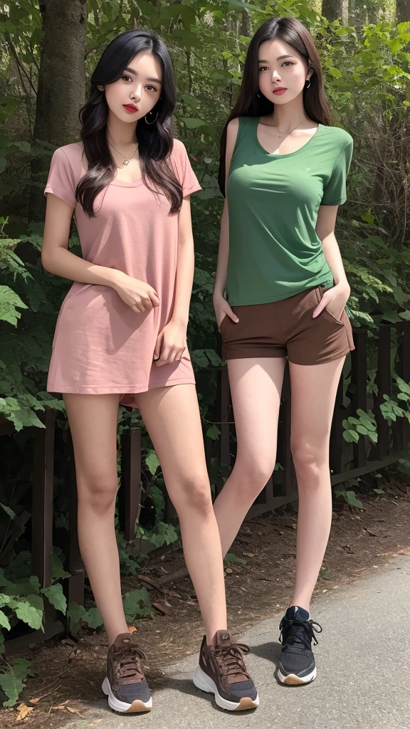 a very cute girl, solo, young, wearing brown t shirt and short pants, medium breast, standing, long hairs, red lips, at forest, realistic face, full body, green shoes