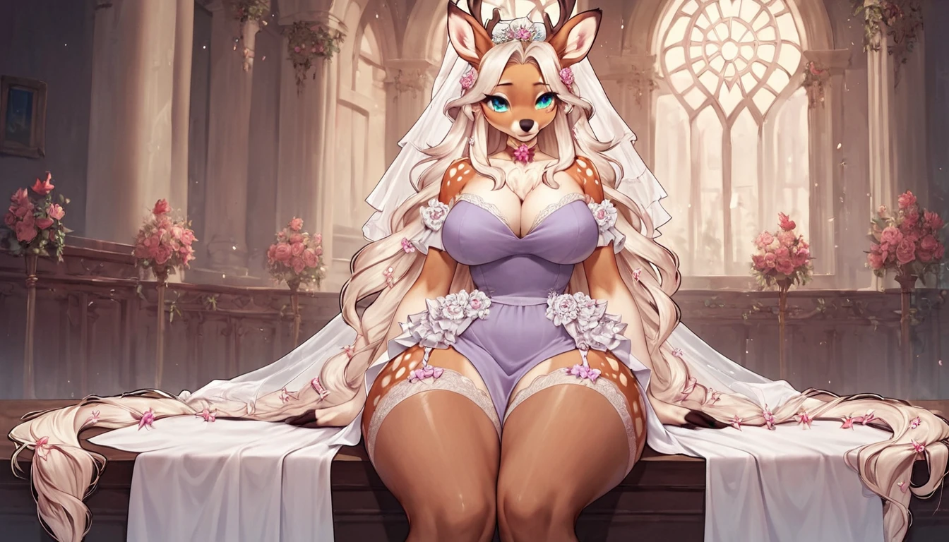 score_9, score_8_up, score_7_up, score_6_up, score_5_up, score_4_up, (solo), female anthro deer, bride dress, lusty, fluffy body, long blond hair, turquoise eyes, sitting, (thick thighs:1.5) (she is sitting) garter belt tights, big breasts, from the back, backsite, from back (purple dress)