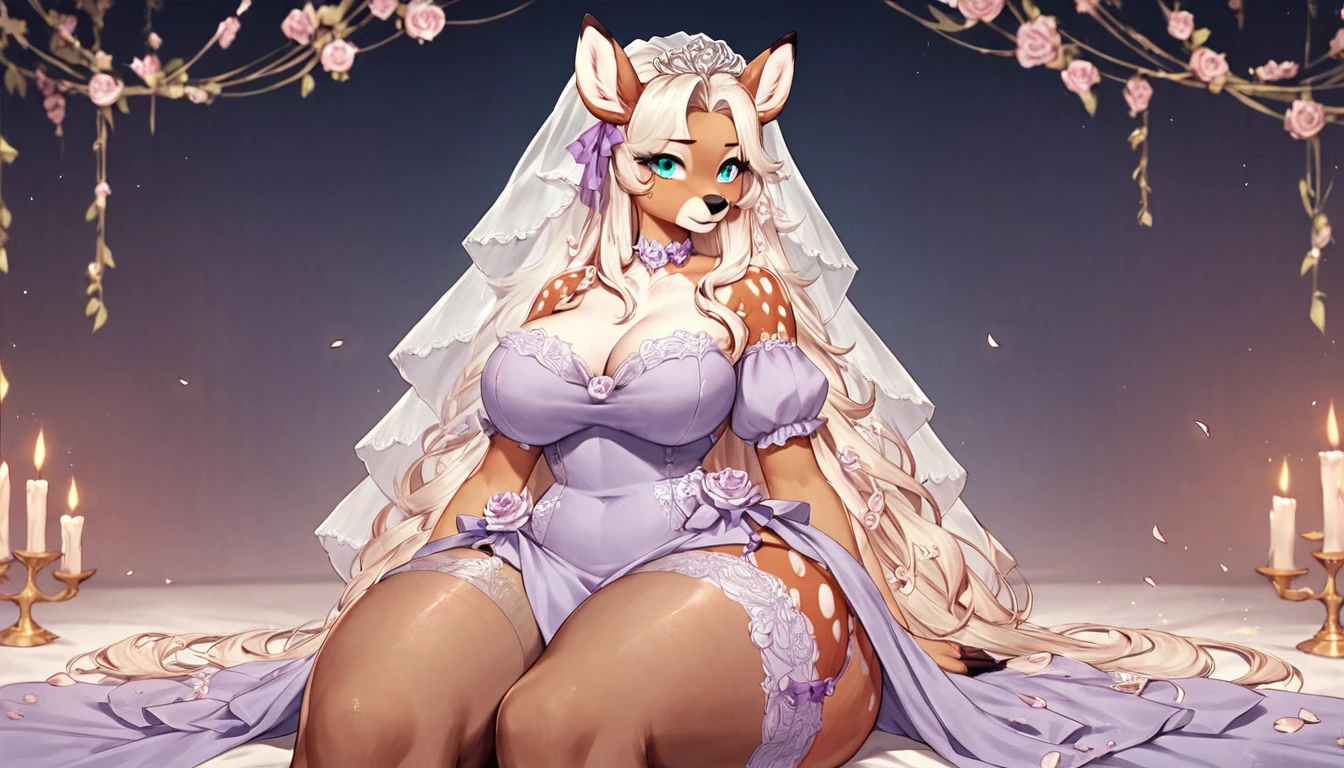 (solo) female anthro bunny ,Black long fluffy hair, fluffy hair,bunny ears, (big breasts:1.9), attractive, bride dress , thicc body, thicc body, thicc, freckles, freckles on face, (happy sexual expression, moaning with open mouth and tongue out viseble saliva), smug eyes, she is  on her knees(thick thighs:1.5) ,from the back, backsite, from back, focus on butt, watch your back, biki big butt sexy butt sexy but invitation 