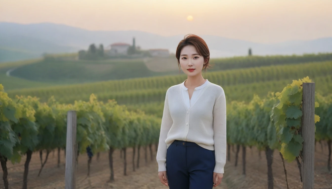Post Creativity Upscale Transformation Upscale Download Generation Data Prompt Txt2Img 8k Realistic, lifelike photo,, 36 year old Korean woman, Short in stature, pretty like a model. front view, White shirt and short cardigan, casual pants, short medium hair, Smiley, Italy. vineyard, thick dawn fog. vineyard 지나 짙은 안개 속으로 저 멀리 성당이 보인다. Full body shot from afar with a wide angle lens , 1 woman, Short in stature, looking at the camera, Excellent picture quality, The morning fog is thick, The picture quality is alive. Full body shot with Canon 16-35 wide angle lens, Put on sunglasses and look to the side