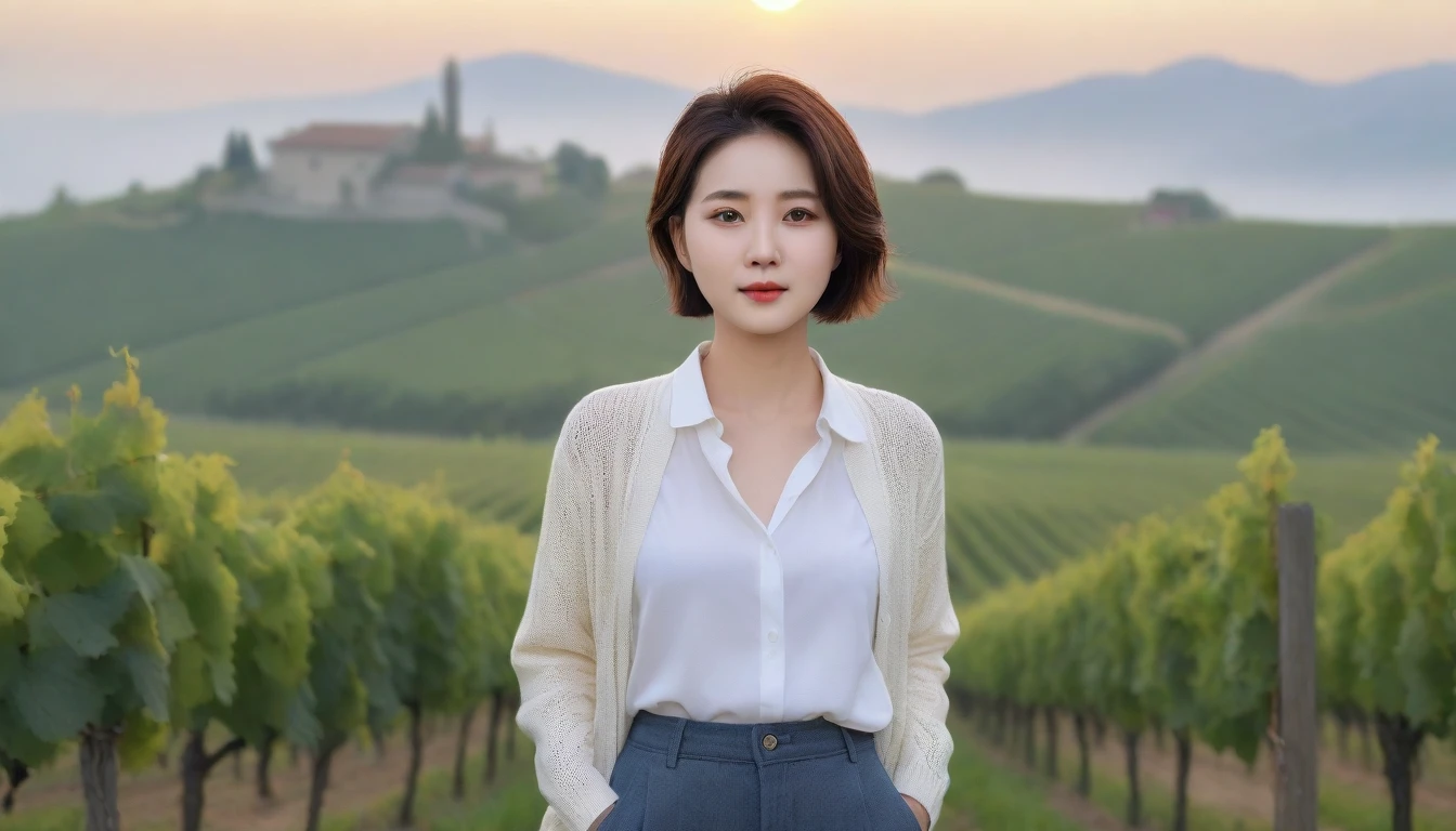 8k realistic, lifelike photo,, 36 year old Korean woman, Short in stature, pretty like a model. front view, White shirt and short cardigan, casual pants, short medium hair, Italy. vineyard, thick dawn fog. vineyard 지나 짙은 안개 속으로 저 멀리 성당이 보인다. Full body shot from afar with a wide angle lens , 1 woman, Short in stature, looking at the camera, Excellent picture quality,