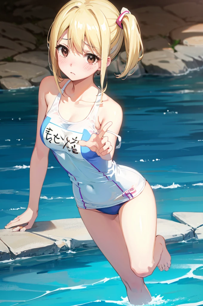 School Swimsuit,,Blushing、Pale brown eyes、Blonde、Side Ponytail、Medium Hair、、Head to toe full body、Blushing、Embarrassed look、Composition from the front、A view from slightly below、school swimwear、Acme Face、Random pose、, 、nsfw、Highest quality、1 girl、solo、Ocean、Sandy Beach、Sexy pose、Random pose、Blushing、Wet、Embarrassed、I can see half of my 、、One piece swimsuit、(Strap slip:1.3)、School Swimsuit