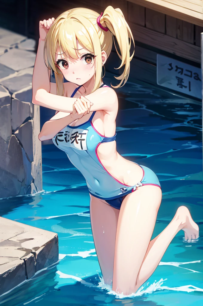 School Swimsuit,,Blushing、Pale brown eyes、Blonde、Side Ponytail、Medium Hair、、Head to toe full body、Blushing、Embarrassed look、Composition from the front、A view from slightly below、school swimwear、Acme Face、Random pose、, 、nsfw、Highest quality、1 girl、solo、Ocean、Sandy Beach、Sexy pose、Random pose、Blushing、Wet、Embarrassed、I can see half of my 、、One piece swimsuit、(Strap slip:1.3)、School Swimsuit