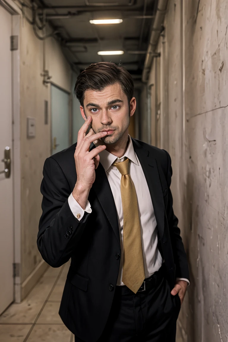 Create an image of a caucasian man standing in an indoor setting with warm lighting. The man is wearing a black suit with a white shirt, loosen black tie. The hairstyle is short and dark, styled neatly. The location appears to be a corridor with wooden doors and beige walls, suggesting an office or hotel environment. The lighting is soft and diffused, coming from overhead sources, casting gentle shadows around the person. The pose is casual yet confident; one hand is raised to the chin in a thoughtful gesture while holding a smoking cigarette. The camera angle is at eye level, capturing the upper body of the person in a medium close-up shot.