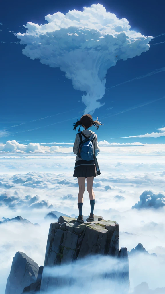 A girl standing on a mountain going above clouds, wearing a , with a blue sky and clouds background. The girl is facing away from the viewer. The image should be very detailed, with a resolution of 8k and high resolution.