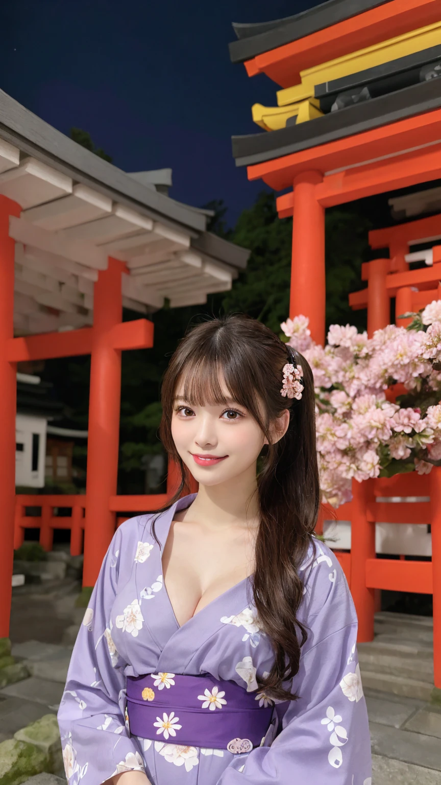 masutepiece, Best Quality, Illustration, Ultra-detailed, finely detail, hight resolution, 8K Wallpaper, Perfect dynamic composition, Beautiful detailed eyes, nsfw, cleavage, Seductive pose, Full body, light brown hair, Blunt Bangs, (ponytail), (Absurdly Long Hair:1.6), (Beautiful Voluminous breasts), (real looking skin), Natural Color Lip, (The best smile), , Beautiful girl, (Open yukata), (light purple floral pattern yukata:1.5), (night Japanese shrines approach background:1.5)