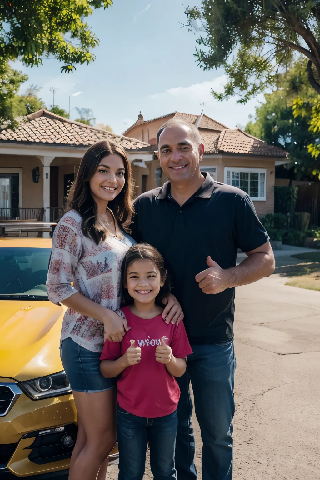 a happy family buying a new car, a family of four people - a father, mother, son and daughter, smiling and excited, standing in front of a shiny new car, showing thumbs up, warm sunlight, vibrant colors, photorealistic, 8k, high quality, detailed facial features, dynamic composition, cinematic lighting, colorful background