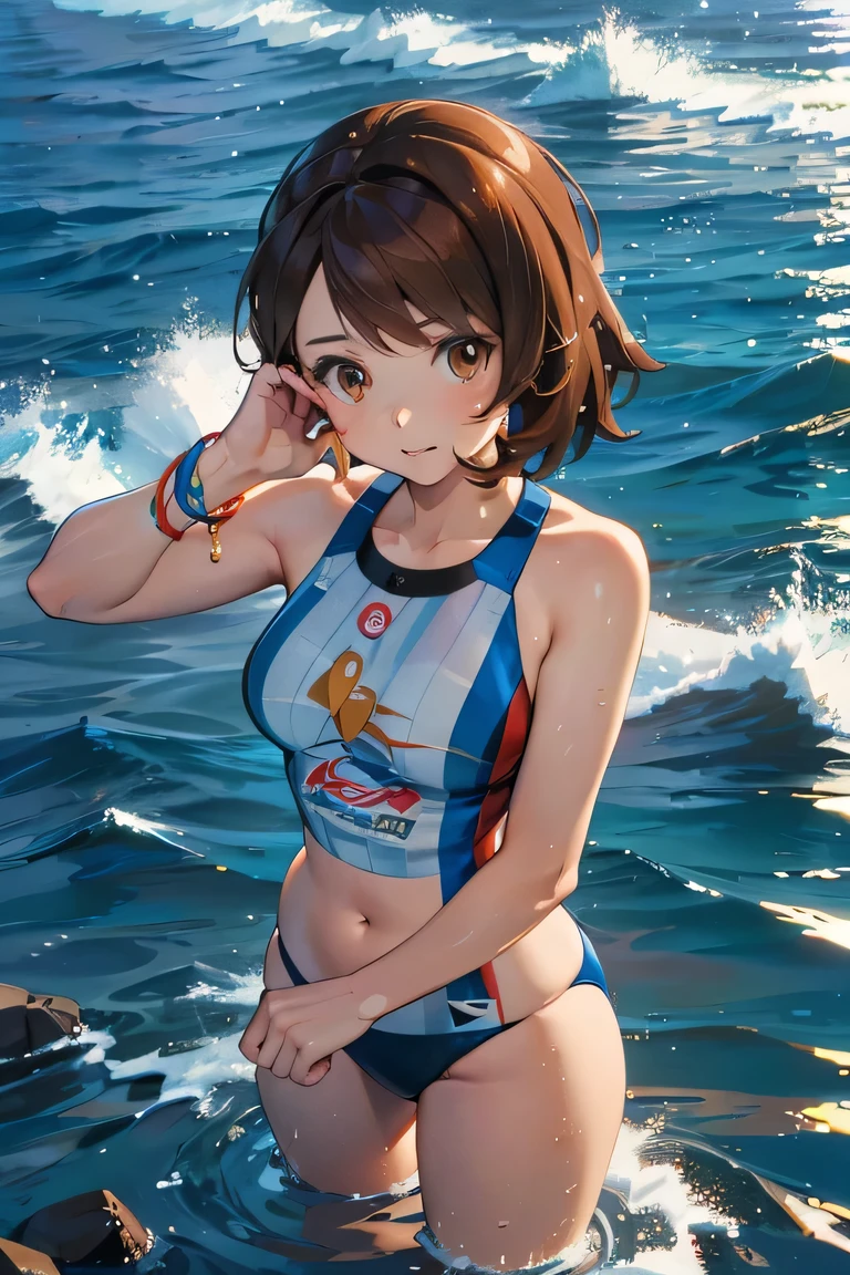 masterpiece, best quality, highres, gloria1, 1girl, gloria \(pokemon\), brown hair, solo, brown eyes,swim suit