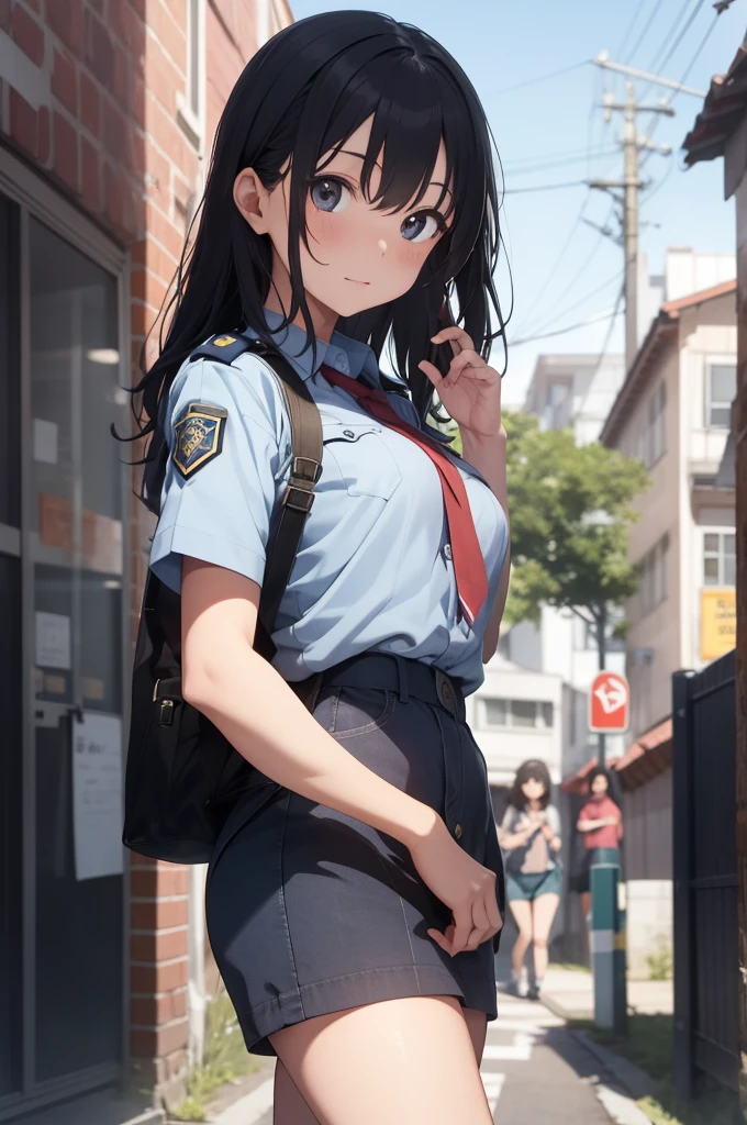 A female inspector belonging to the Public Safety Bureau&#39;s Criminal Investigation Division., Navy blue tight skirt, Navy blue jacket, White shirt, tie, (Put your feet up on an abandoned pipe), ((lift up her skirt)), (white panties), Anime Style, blush,