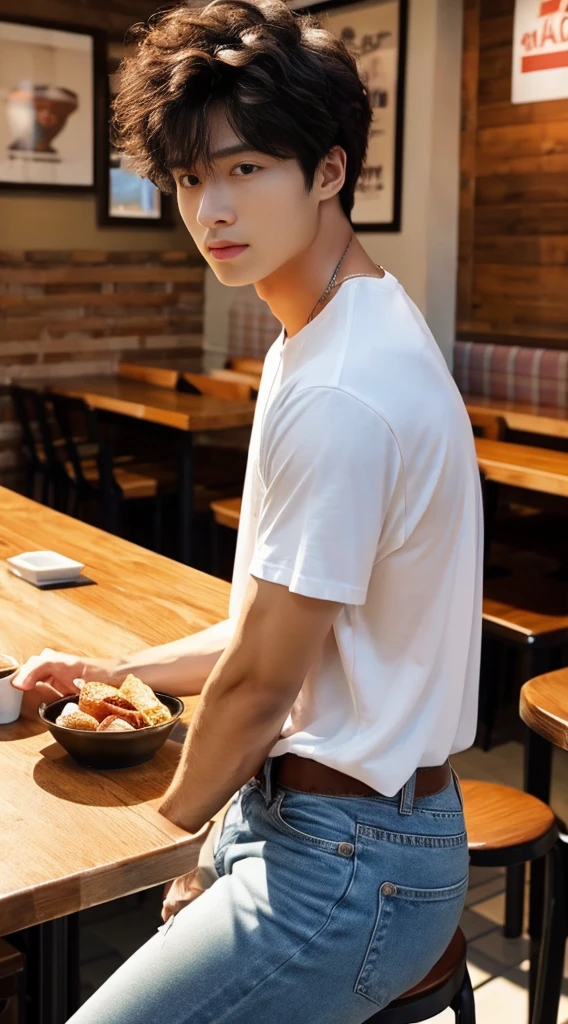 ((realistic daylight)) , Young Korean man in a white t-shirt Denim shirt, jeans, A handsome, muscular young Asian man looks at the camera. , in the restaurant ,turn sideways