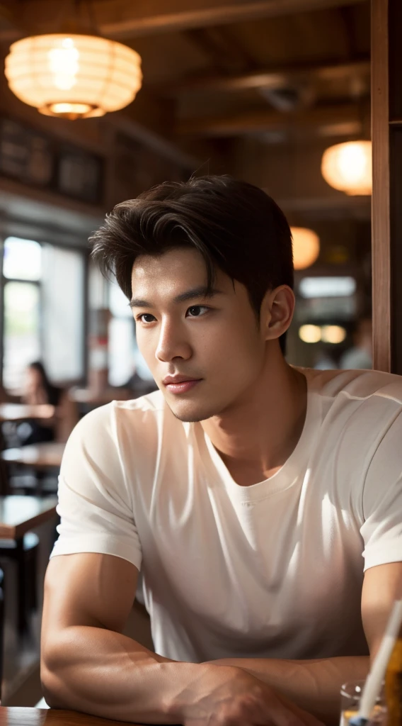 ((realistic daylight)) , Young Korean man in a white t-shirt Denim shirt, jeans, A handsome, muscular young Asian man looks at the camera. , in the restaurant ,turn sideways