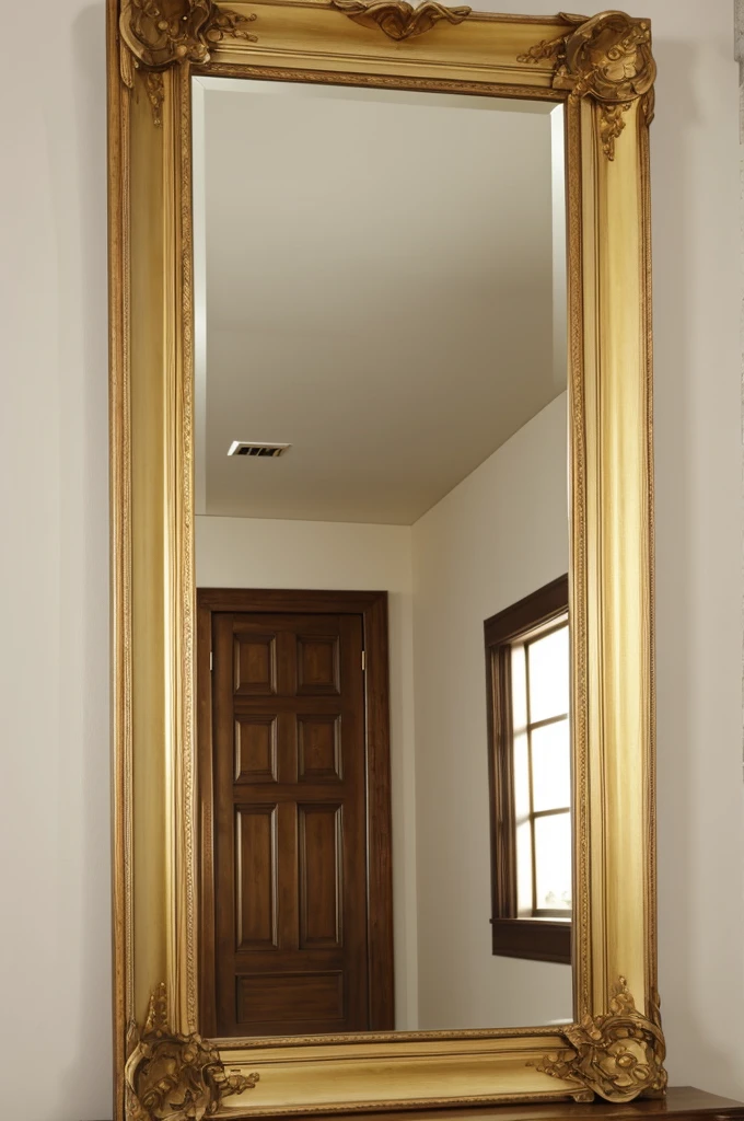 A tall and wide mirror with thick golden frame, front view