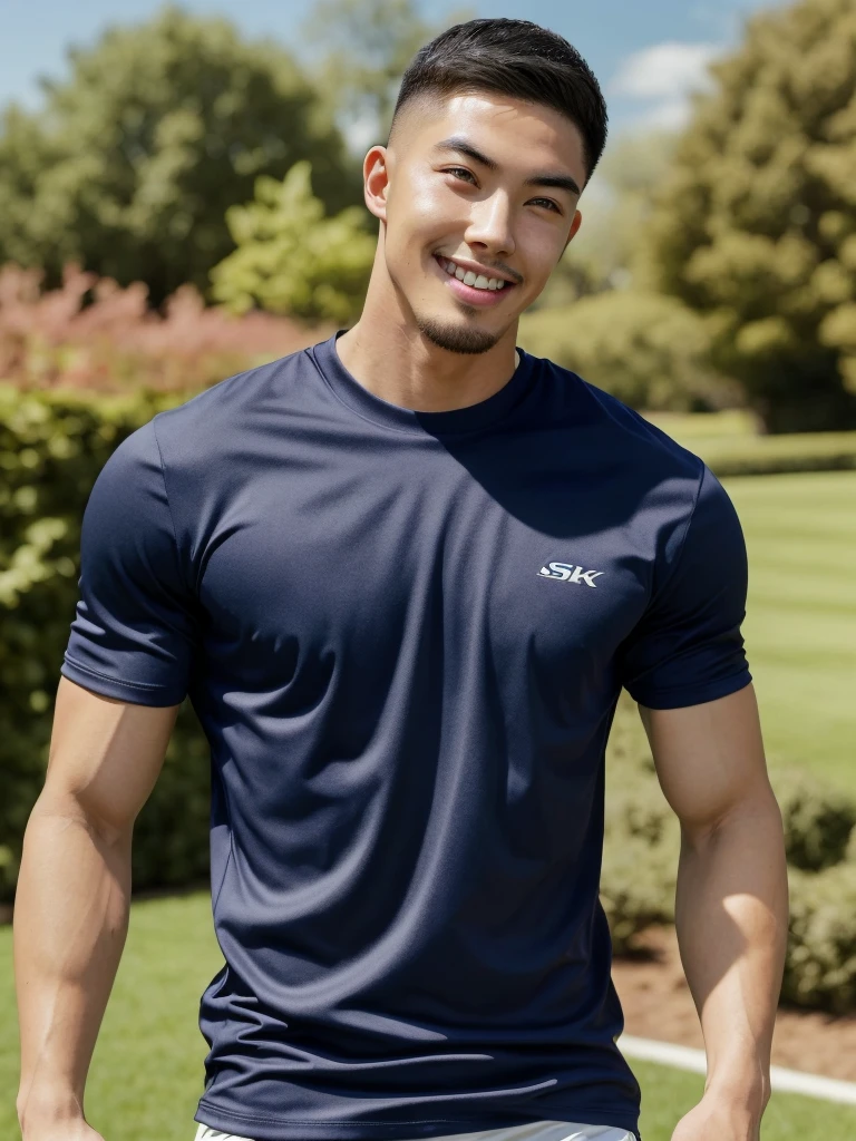 Tony Labrusca, (As a matter of fact, Masterpiece, 8k HD, good light quality, sportswear, fit the face, complicated details), A handsome, muscular young Korean man. , 20 years old, be happy, smile brightly, detailed face, delicate eyes, มองดูsky, Wear a navy tight T-shirt., period, black eyes, Black hair color, ผมsmooth, smooth, outdoor sports, Along the garden, Sunny,sky,Surreal,Superb details,Highest quality,real,