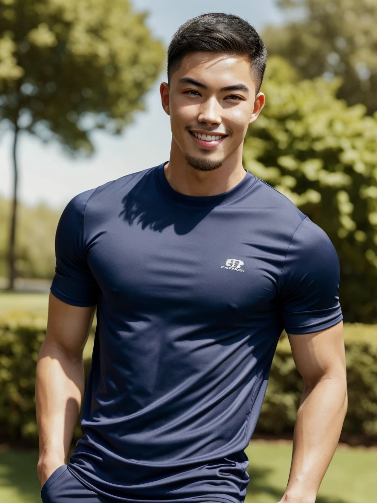 Tony Labrusca, (As a matter of fact, Masterpiece, 8k HD, good light quality, sportswear, fit the face, complicated details), A handsome, muscular young Korean man. , 20 years old, be happy, smile brightly, detailed face, delicate eyes, มองดูsky, Wear a navy tight T-shirt., period, black eyes, Black hair color, ผมsmooth, smooth, outdoor sports, Along the garden, Sunny,sky，Surreal，Superb details，Highest quality，real，