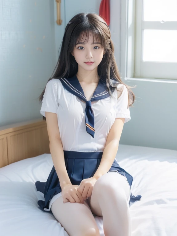 flatchest, (Normal hand),lying、arms up,white pantyhose、((Sailor suit)),((Short sleeve uniform white shirt)),(Red tie),(mini skirt), , white coat、smallbreast,,Firm and small breasts、Small breasts and exposed nipples,legs spread、knee bent, sitting、A beautiful 15-year-old girl with a cute look and a cute personality,long hair 、Beautiful Face、Beautiful and cute eyes hidden by long bangs,Light blue eyes、Showing breasts and nipples,Love hotel bed,(Ultra-realistic), (figure), (Increased resolution), (8k), (Very detailed), (Best figure), (Beautiful and detailed), (Highest quality), (Super detailed), (masterpiece ), ( wallpaper), (Detailed face)、