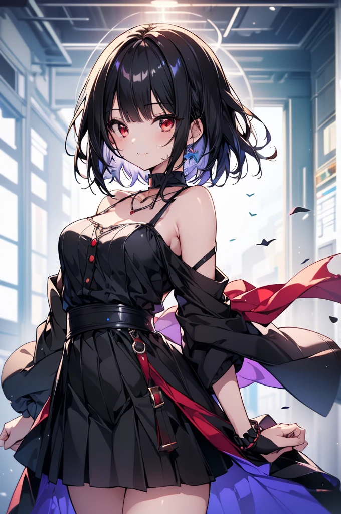 (masterpiece, highest quality, highest quality, (No text), Beautiful and aesthetic:1.2),No text,アニメ、BREAK,One Girl,Black Hair Girl short hair older sister choker Beautiful eyes Red eyes cool smile Red and Black one piece mini skirt whole body In town