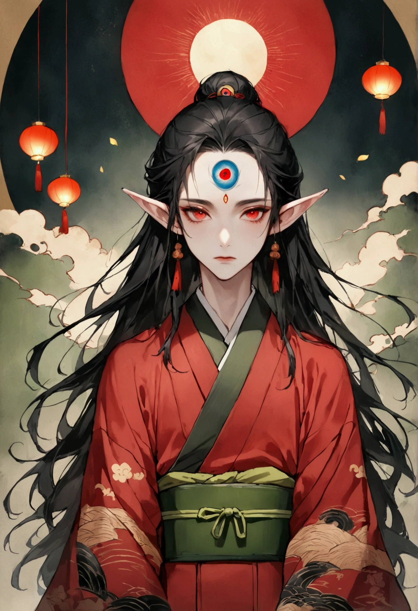 Art Illustration,Dark Style,(((1 Boy,独奏,third eye on the forehead,Elf ears))),(((Gorgeous Japanese red kimono:1.6,Eye Diagram,Dark Pattern))).(((Thin waist,Greenbelt:1.37)))whole body,Paper lanterns in the sky,Kongming Lantern
