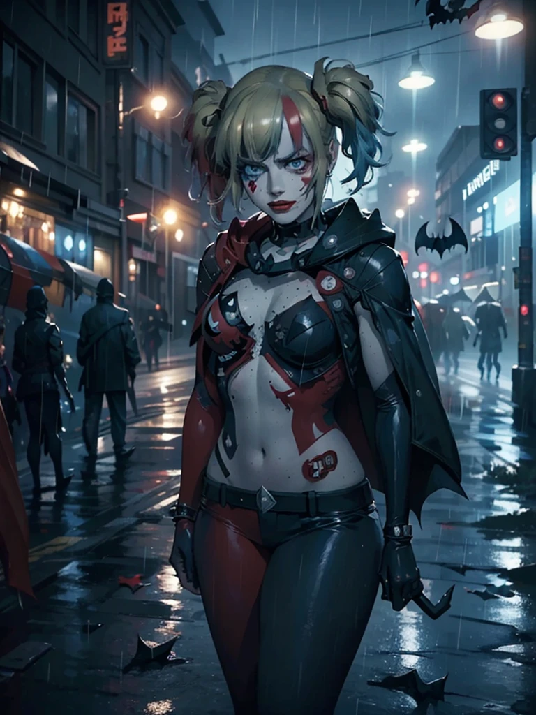 Full shot, Harley Quinn wearing the Batsuit in the heavy rain. on the streets of ghotam city in a neo city style. serious expression. walking. batman suit, batman cape flying through the air behind her. accessories related to batman and harley. overnight. detailed. detailed face. professional illustration. 8k. dark colors.  