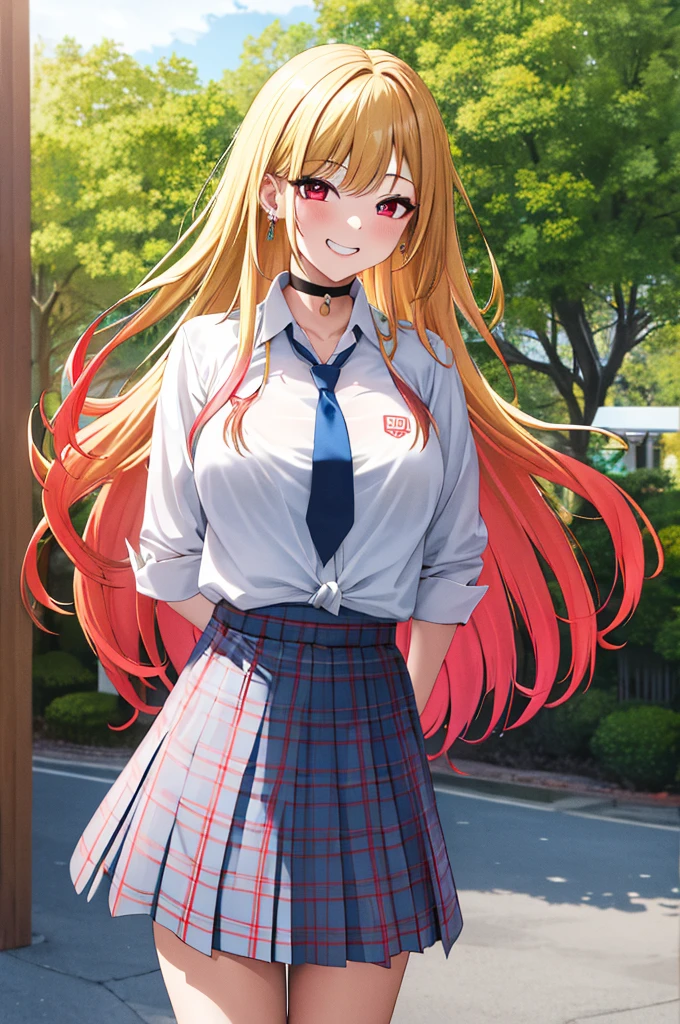 masterpiece, best quality, highres, kitagawa marin, 1girl, blonde hair, long hair, multicolored hair, red eyes, jewelry, earrings, piercing, , white shirt, tied shirt, black choker, blue necktie, plaid skirt, grin, smile, standing, cowboy shot, outdoors,((bra visible through clothes))