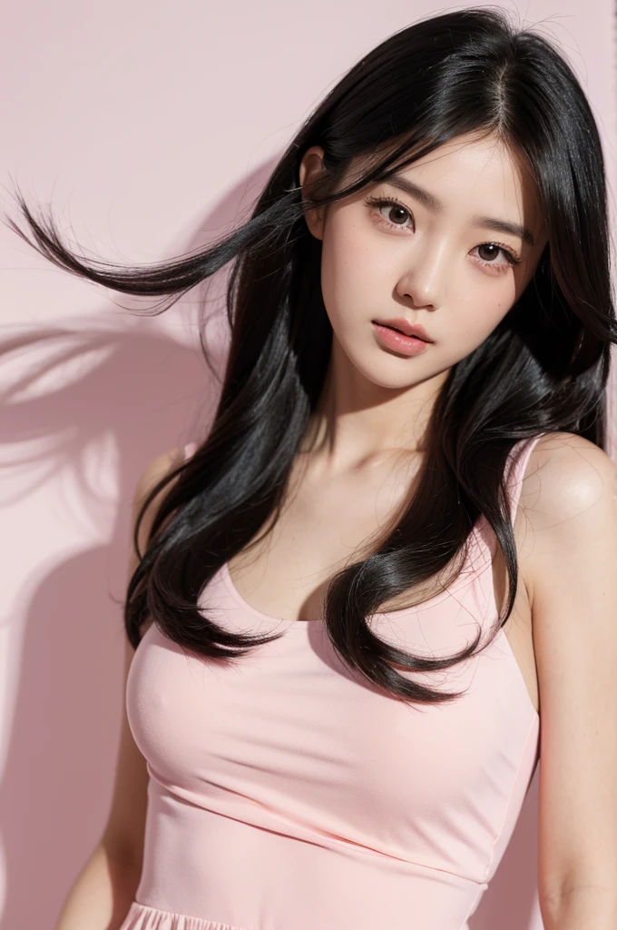 1girl,face,black hair,long hair,pink dress,white background