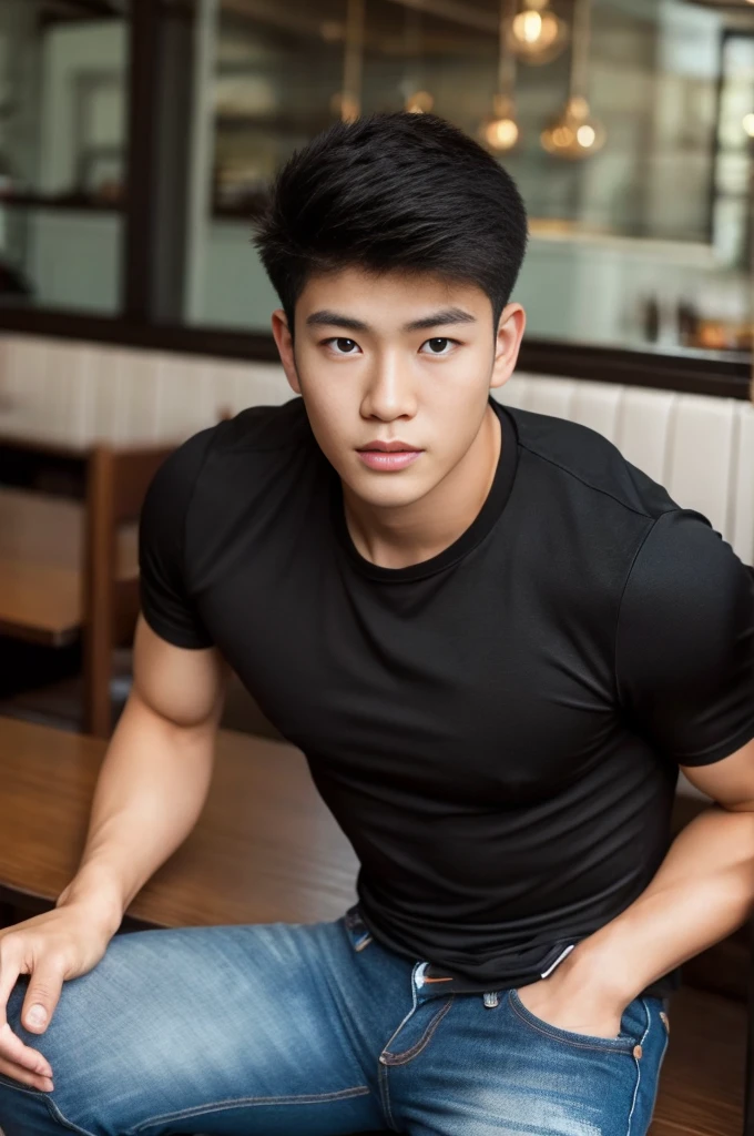 ((realistic daylight)) , Young Korean man in only a black sports shirt, no stripes, and jeans., A handsome, muscular young Asian man looks at the camera.  , in the restaurant ,turn sideways