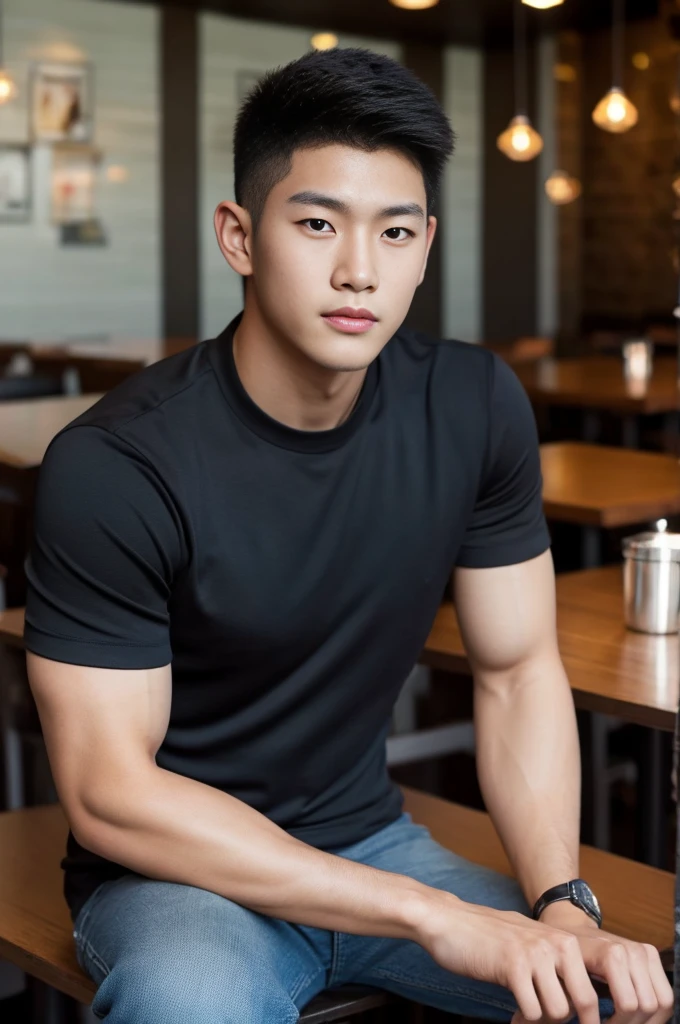 ((realistic daylight)) , Young Korean man in only a black sports shirt, no stripes, and jeans., A handsome, muscular young Asian man looks at the camera. , in the restaurant ,turn sideways