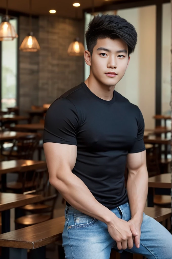((realistic daylight)) , Young Korean man in only a black sports shirt, no stripes, and jeans., A handsome, muscular young Asian man looks at the camera. , in the restaurant ,turn sideways