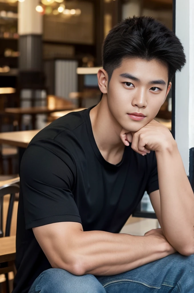 ((realistic daylight)) , Young Korean man in only a black sports shirt, no stripes, and jeans., A handsome, muscular young Asian man looks at the camera.  , in the restaurant ,turn sideways