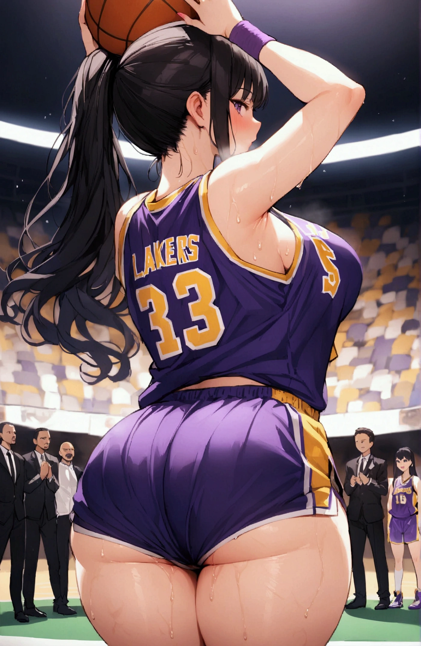 One woman、beautiful girl、high school girl、basketball、Basketball uniform、Lakers uniform、Wristband、Side Ponytail、Long Hair、Surprised、Basketball Stadium、basketballでオナニー、The stands are packed、Highest quality,  Thick thighs、Big Ass、Black Hair、Sweaty body、Number 14、Take the shot、Her uniform flips up and her bra is visible、Black bra、The opposing team is on defense、Leaning forward、dribble、Blocked、Surrounded by black players、Women are groped by black athletes、Being touched by a crowd、Surrounded on all sides by black people、Having your ass sniffed、Black guy sniffing a girl&#39;s ass、黒人の巨大なペニスにSurprised、Grabbing a black man&#39;s penis