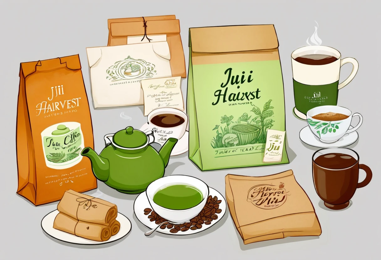 A set of tea sets for casual relaxation with illustrations,calligraphic fonts with green tones,coffee bags,paper bags,prints and accessories,with the theme of the harvest world,clean light gray background,(niji:2),hand-drawn,illustration style