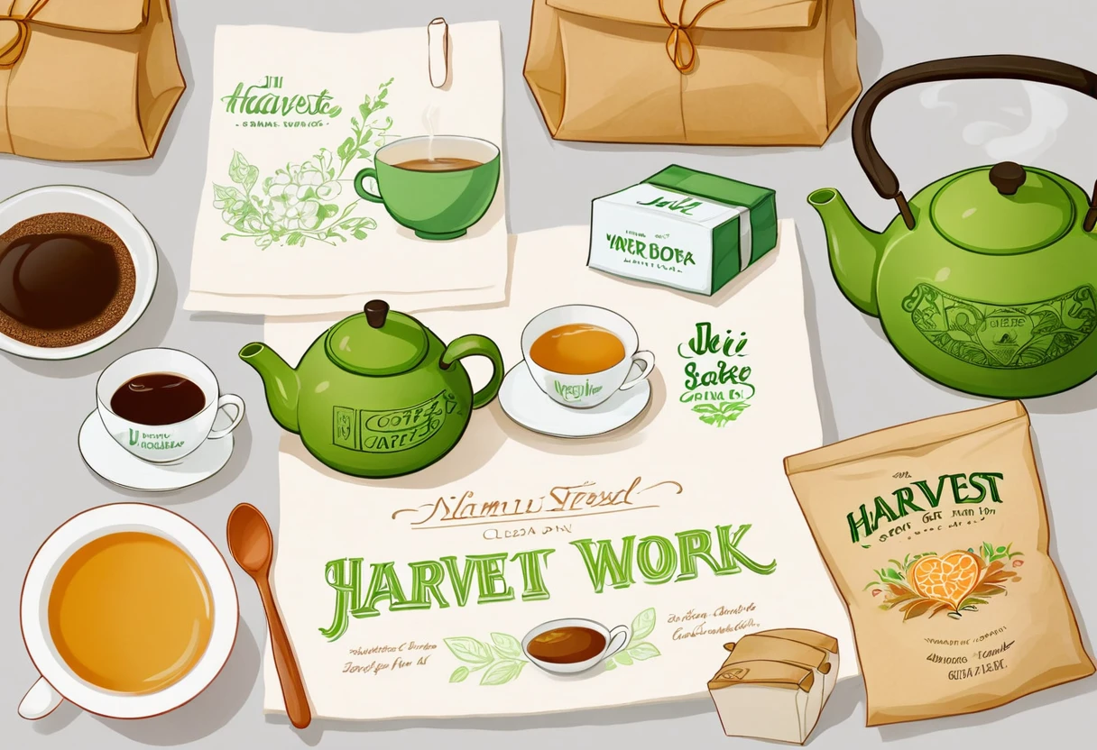 A set of tea sets for casual relaxation with illustrations,calligraphic fonts with green tones,coffee bags,paper bags,prints and accessories,with the theme of the harvest world,clean light gray background,(niji:2),hand-drawn,illustration style
